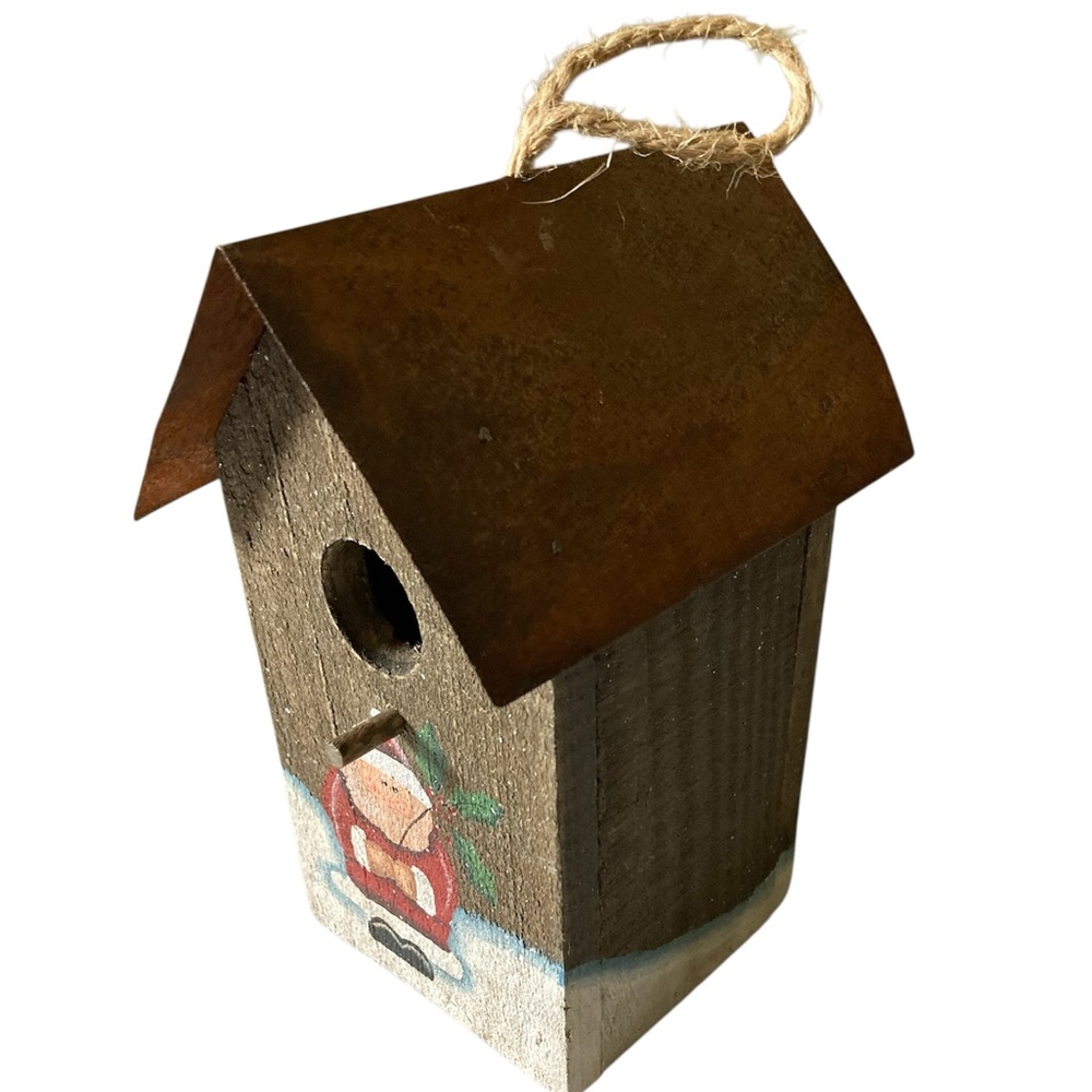 Christmas Bird House Crazy Mountain Henton Winter Santa Wood with Metal Roof
